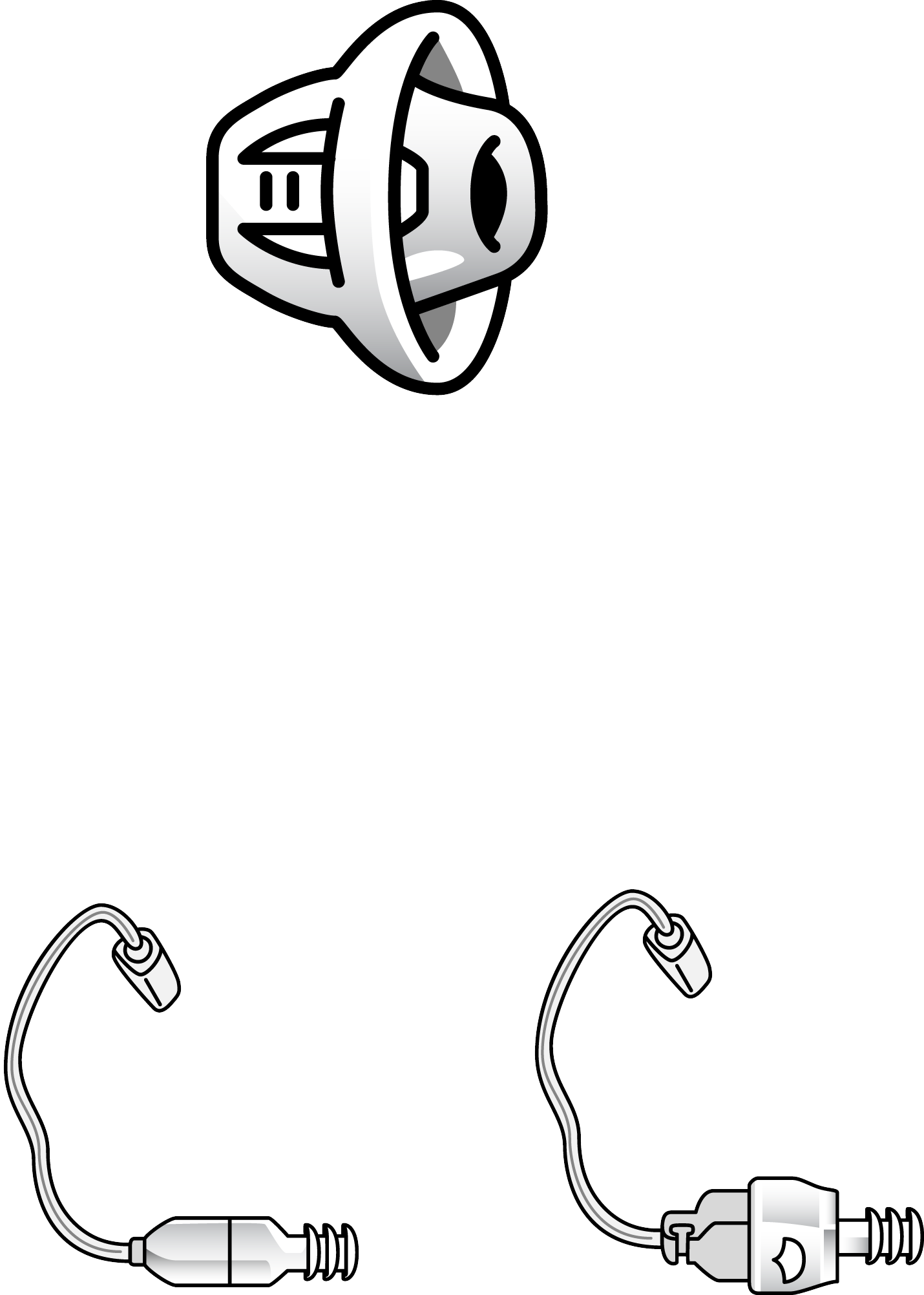 Black and white illustration of the Dome ThinTube & Receiver Size 10 Large, showing the car speaker on top and two cables with small earpieces and Size 10 Large plugs at the bottom.