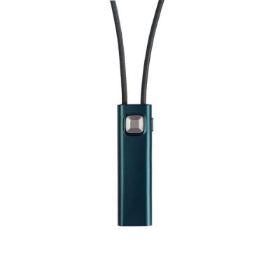 A compact, metallic blue Widex COM-DEX device with a rectangular shape, black front button, and a looped black cord attached at the top, displayed against a white background.