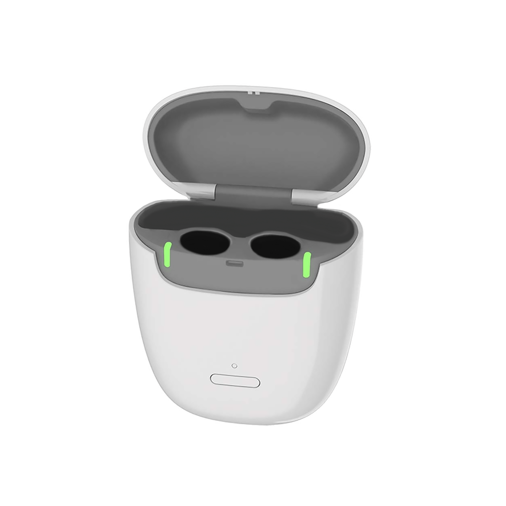 The Signia Portable Charger Pure in white features an open lid revealing two empty gray slots, green indicator lights inside, and a glowing front LED.