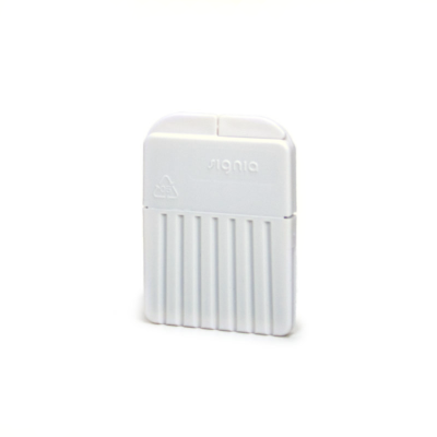 The miniReceiver WaxGuard is stored in a compact, white, rectangular plastic case with vertical grooves on the lower half and the Signia brand embossed on top, designed for secure filter storage.