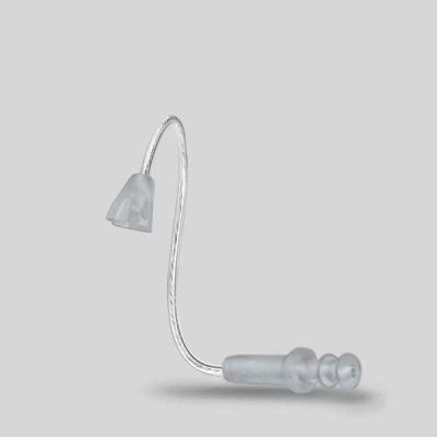 A LifeTube Refill transparent hearing aid tube with a soft ear tip and dome displayed on a plain light gray background.