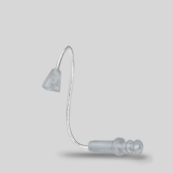 A LifeTube Refill transparent hearing aid tube with a soft ear tip and dome displayed on a plain light gray background.