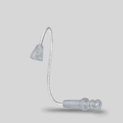 The LifeTube Refill is a transparent, curved hearing aid tube with a dome-shaped earpiece and connector, shown against a plain light gray background.