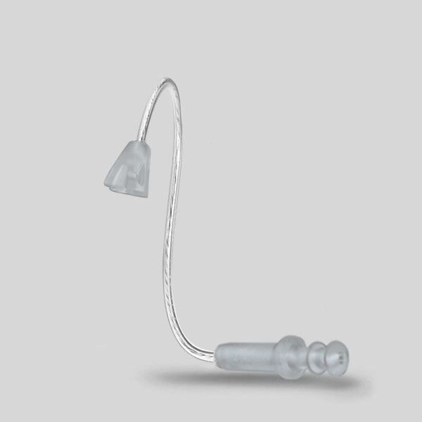 The LifeTube Refill, a transparent curved hearing aid tube, features a small flexible dome earpiece at one end and a double-flanged tip at the other, shown against a plain light gray background.