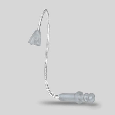 The LifeTube Refill is a transparent hearing aid tube with a soft, flexible earpiece at one end and a small dome-shaped tip at the other, shown against a plain gray background.