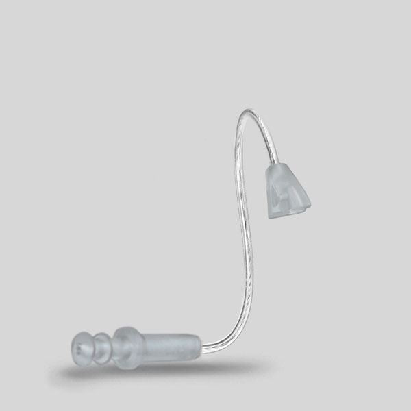 The LifeTube Refill, a transparent and flexible hearing aid tube with a soft ear tip, is displayed against a plain light gray background.