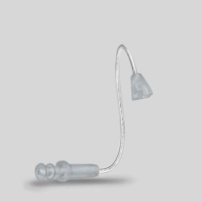 The LifeTube Refill is a transparent, flexible hearing aid tube featuring a dome-shaped earpiece on one end and a small connector on the other, shown against a plain gray background.