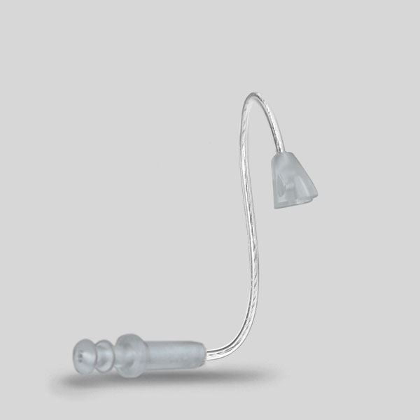 The LifeTube Refill is a transparent, flexible hearing aid tube featuring a dome-shaped earpiece on one end and a small connector on the other, shown against a plain gray background.