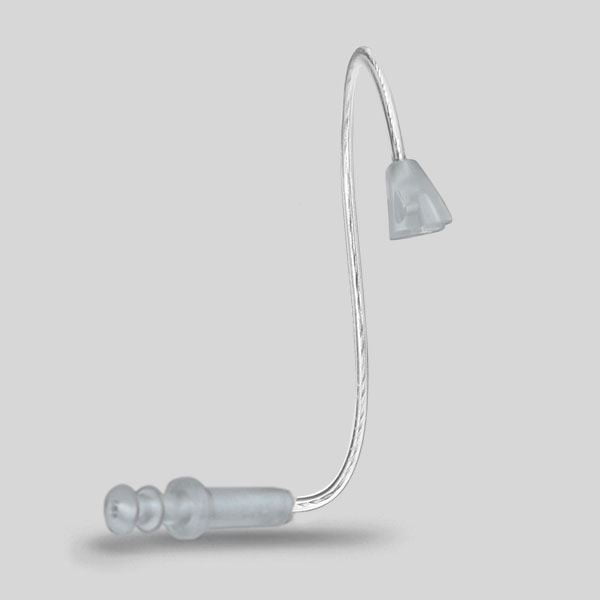 The LifeTube Refill is a clear, curved plastic tube with a dome-shaped earpiece at one end and a small, rounded attachment at the other, shown against a plain grey background.