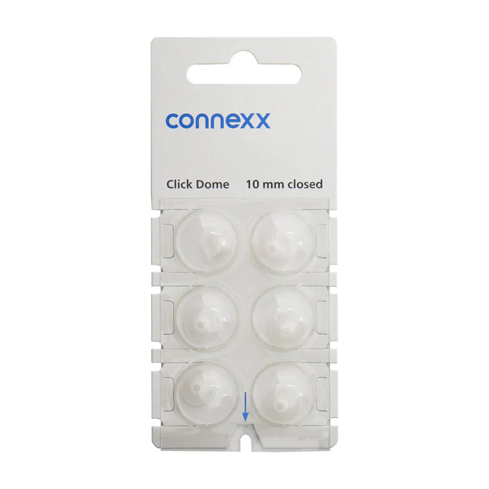 A pack of Connexx Click Dome Closed includes six clear, 10 mm dome-shaped hearing aid tips, arranged in two rows of three.